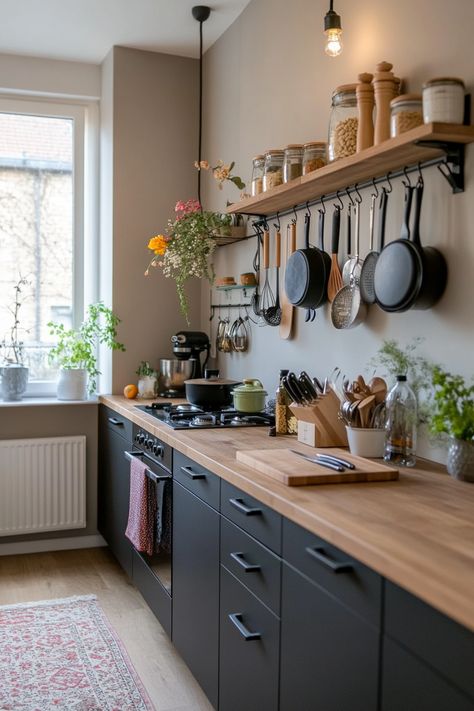 15 Ingenious Kitchen Ideas for Small Spaces – Everyday Inspo Studio Kitchen Storage, Kitchen Organization Small Apartment, Apartment Kitchenette Small Spaces, Small Kitchen Wall Shelf Ideas, Small Space Kitchen Table Ideas, Sink And Oven On Same Wall, Apartment Therapy Kitchen, Tiny Space Kitchen, Japan Small Kitchen