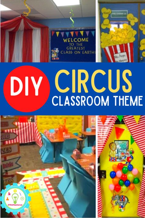 Circus Theme Day At School, Preschool Carnival Decorations, Circus Daycare Theme, Circus Theme Preschool Decorations, Circus Theme Hallway Decorations, Carnival Theme Diy Decorations, Circus Theme Classroom Bulletin Boards, Circus Theme For Classroom, Circus Theme Dramatic Play