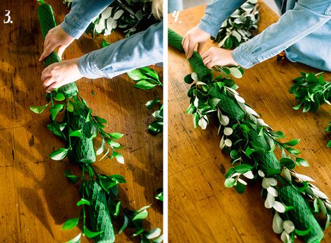 Eucalyptus Table Runner Wedding Candles, Diy Mantle Floral Arrangement, Diy Floral Garland Wedding, Diy Floral Garland Tutorials, Floral Pillars Wedding Diy, How To Store Garland, Diy Floral Garland, Hawaiian Flower Arrangements, Diy Wedding Garland