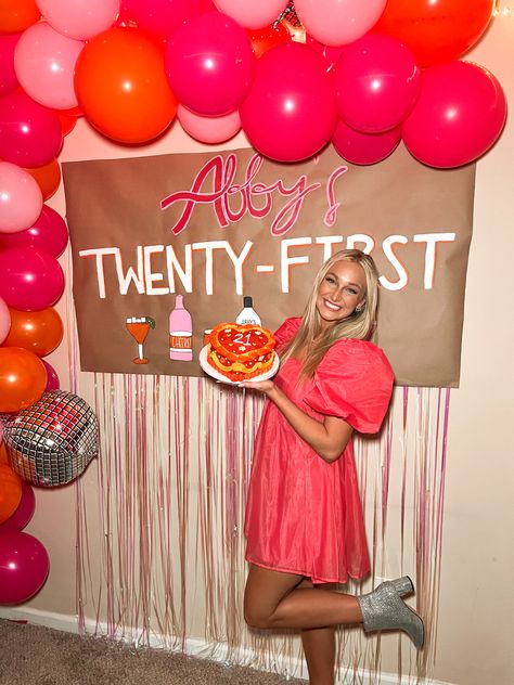 21st Birthday Orange Theme, Birthday Party Theme Women, Shotbook Themes 21st Birthday, 21st Birthday Cocktails, Shotbook Themes, 21st Birthday Ideas Pink, 21st Birthday Outfits Casual, 21st Birthday Backdrop Ideas, 21 Birthday Themes