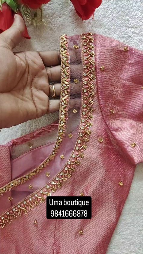 Uma Karthik | Designer blouse done for my client To get your outfit customised pls visit us in Chennai ANNANAGAR DM OR WHATSAPP FOR ENQUIRY Please be… | Instagram Pleated Hands Blouse, Simple Aari Work Blouse Design With Net, Aari Blouse With Net, Aari Work Blouse Net Design, Net Patch Work Blouse Designs, Aari Work Blouse With Net, Back Net Work Blouse Design, Net Blouse Aari Work, Net Work Aari Blouse Designs