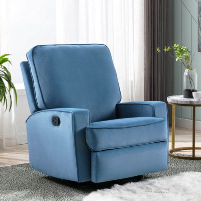 The recliner chair is a perfect piece for any room in your home. This chair is made of premium soft velvet fabric for a comfortable seating experience. High-resiliency foam cushions provide adequate support to different parts of the user's body, which helps drive away stress. Of course, it can also be used as a Nursery Chair. There is a gripper on the right side of the seat, which can control the footrest to pop out after light pulling, and the angle of the back can be adjusted by pushing them b Blue Recliner, Glider Nursery, Sanctuary Decor, Apartment Size Furniture, Swivel Recliner Chairs, Nursery Chair, Swivel Recliner, Online Furniture Shopping, Chair Bed