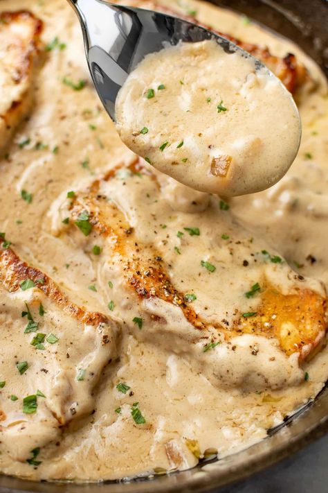 This 25-minute cream of mushroom soup pork chops recipe has tender and juicy pork chops in a rich and creamy sauce! Condensed soup is the ultimate shortcut. Mushroom Soup Pork Chops Instant Pot, The Best Pork Chops Ever Tipsy Housewife, Pork Chop Recipes With Cream Of Chicken, Smothered Pork Chop Casserole, Gravy Smothered Pork Chops, Pork Chop With Mushroom Soup, Instant Pot Smothered Pork Chops With Cream Of Mushroom Soup, How To Cook Butterfly Pork Chops, Pork Chops In Cream Of Chicken Soup