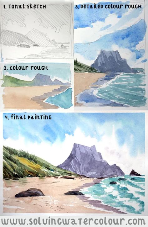 Seascape Pencil Sketch, Sketch And Watercolor Art, How To Sketch Landscapes Step By Step, How To Sketch For Watercolor, Sketches For Painting, Watercolour Pencil Art Tutorials, Seascape Sketch, Watercolour Pencil Art, Seascape Drawing