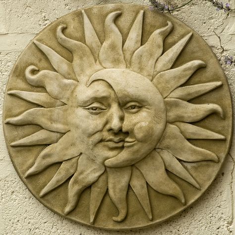 Garden plaque sun moon face - beautifully done Sun Face Art, Pottery Sun, Sun And Moon Art, Moon Faces, Garden Wall Plaque, Ceramic Sun, Sun Decor, Garden Plaques, Sun Face