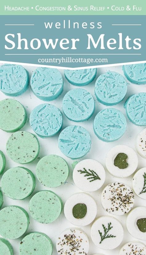 See how to make and use 3 DIY shower melts for health, wellness relaxation: relaxing eucalyptus shower bombs, decongestant peppermint shower fizzies with menthol crystals (DIY Vicks vapor rub shower melts) and headache shower steamers. The simple homemade aromatherapy recipe is made with cornstarch, baking soda, essential oils and clay to be long lasting. The shower disks can help to breathe easy, and provide relief for sinus congestion, cough and respiratory problems. | countryhillcottage.com Diy Vicks Vapor Rub, Vicks Shower Melts, Vapor Rub Shower Melts, Diy Vicks, Diy Shower Melts, Vicks Shower, Shower Steamers Diy, Shower Aromatherapy, Shower Fizzies