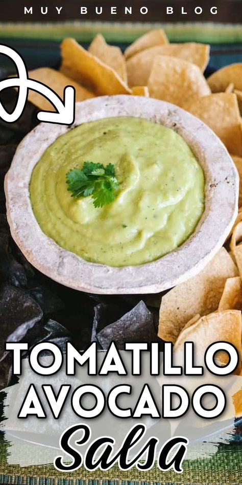 Tomatillo avocado salsa, also known as salsa de tomatillo y aguacate, is a tasty dip that goes so well with your favorite chips for an easy appetizer or meal. This salsa is creamy and delicious--great for parties and holidays. Tomatillo avocado salsa is so easy to make and is so flavorful. Try this easy salsa today! Tomatillo Avocado Salsa, Bueno Recipes, Tomatillo Recipes, Avocado Salsa Recipe, Party Dip Recipes, Homemade Salsa Recipe, Party Dip, Mild Salsa, Easy Salsa