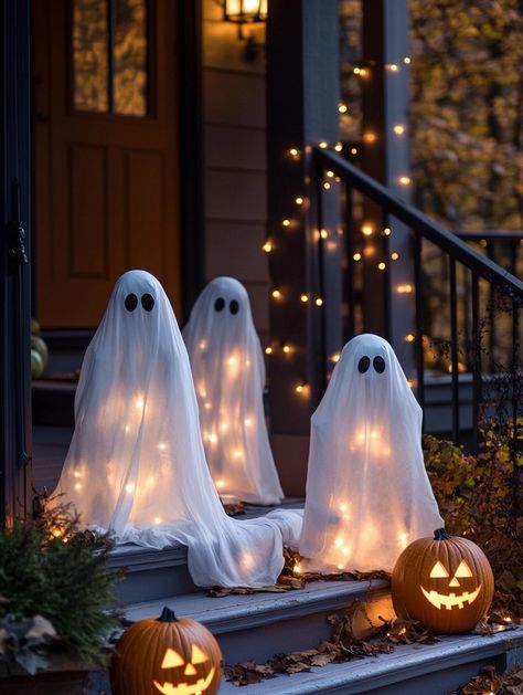 8 DIY Outdoor Halloween Decorations to Try This Year Ghost Lawn Decoration, Easy Halloween House Decor, Diy Ghost Yard Decoration, Not So Spooky Halloween Decor, Halloween Ghost Decorations Outdoor, Halloween House Outdoor Decorations, Halloween Ideas Outdoor, Diy Porch Halloween Decor, Diy Yard Ghosts Outdoor