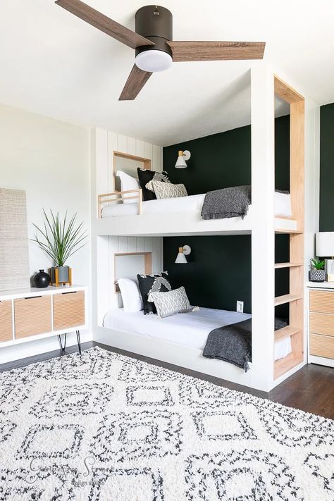 Built In Bunk Beds With Book Shelves, Crate And Barrel Bunk Bed, Bunk Bed With Lights, Bunk Beds With Sconces, Modern Twin Bunk Beds, Bunk Bed Niche, Wallpaper Bunk Beds, Diy Custom Bunk Beds, Boho Bunk Room