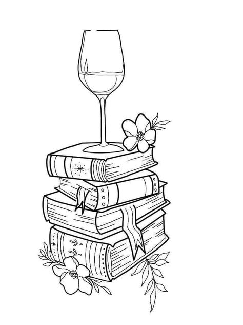 Book Stack Tattoo, Stack Tattoo, Traditional Tattoo Outline, Wine Glass Tattoo, Wine Tattoo, Bookish Tattoos, Bottle Tattoo, Coffee Tattoos, Idee Cricut