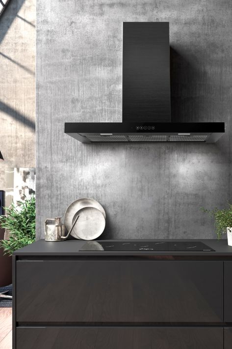 Its soft shapes come together with clean lines to create a modern and versatile model suitable for different types of settings. The new and elegant controls panel with a design perfectly in line with the soft shapes of the hood enhances the exclusivity of the product mainly. Modern Hoods Kitchen, Wall Hood Kitchen, Kitchen Hood Design Ideas, Kitchen Hood Modern, Hood In Kitchen, Cooker Hood Ideas, Aesthetic Kitchens, Formal Kitchen, Modern Kitchen Hood