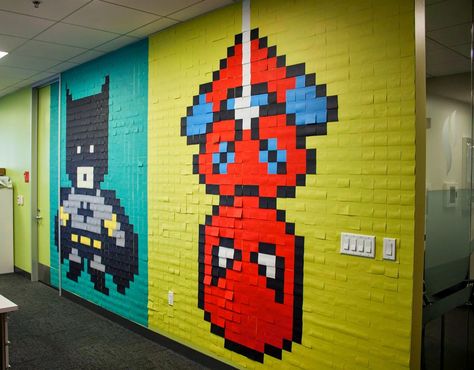 Bruck7 creates "Pixel Superheroes", a new indoor installation in NYC, USA Post It Art, Image Pixel Art, 8 Bit Art, Post Its, Notes Art, 8 Bits, High School Art, Window Art, Cubicle