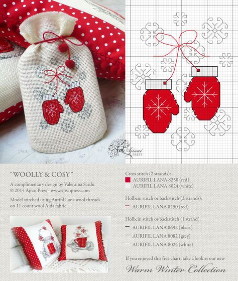 Woolly and cosy - free chart - Ajisai Press Pola Bordir, Cross Stitch Freebies, Holiday Cross Stitch, Xmas Cross Stitch, Winter Cross Stitch, Cross Stitch Christmas Ornaments, Cross Stitch Love, Pola Kristik, Cross Stitch Patterns Christmas