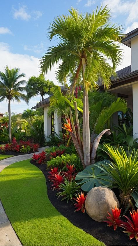 Transform Your Outdoor Space: 15 Tropical Landscaping Ideas - Cheerful Talks Tropical Yard Landscape, Tropical Front Yard Landscaping Ideas, Front Yard Landscaping In Florida, Lanai Decorating Ideas Florida Tropical Plants, Modern Tropical Front Yard Landscaping, Florida Yard Landscaping, Tropical Plants Outdoor Full Sun Around Pool, Landscape Design Florida, Tropical Landscaping Front Yard Florida Garden Ideas