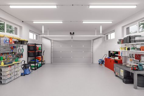 Plastic Shelving Units, Garage Storage Bins, Bike Storage Garage, Clean Garage, Modern Garage, Plastic Shelves, Garage Interior, Unique Storage, Garage Lighting