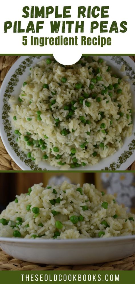 Easy Rice Pilaf with Peas Recipe - These Old Cookbooks Rice Pilaf With Peas, Rice Peas Recipe, Rice With Peas And Corn, Rice And Green Peas Recipe, Peas And Rice Recipe, Instant Rice Recipes, Rice And Peas Recipe, Vegetable Rice Pilaf, Rice With Peas