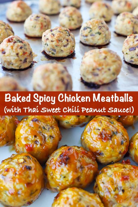 These Baked Spicy Chicken Meatballs are easy to make, healthy, and loaded with flavor! They’re also extremely juicy, great for meal prep, and are a fantastic party appetizer when tossed in a sticky, sweet and spicy Thai Sweet Chili Peanut Sauce! #chicken #meatballs #bakedspicychickenmeatballs #easychickenmeatballs #mealprep #healthymeatballs #bakedmeatballs | That Spicy Chick Thai Appetizers For Party, Spicy Chicken Meatballs, Thai Chicken Meatballs, Healthy Meatballs, Spicy Baked Chicken, Chicke Recipes, Sauce Chicken, Spicy Thai, Party Appetizer