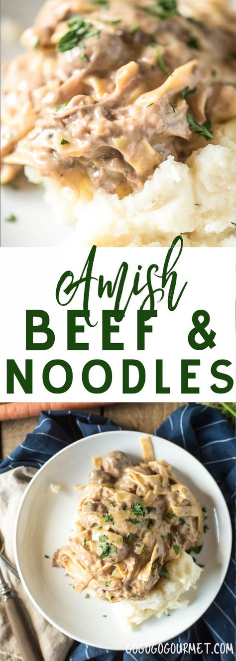 This Amish Beef and Noodles recipe can be made in a slow cooker or an Instant Pot. Served over mashed potatoes, it's an easy and loved dinner recipe! #instantpot #slowcooker #beef #easydinner via @gogogogourmet Amish Beef And Noodles, Amish Style, Pork Chop Recipes Crockpot, Over Mashed Potatoes, Pork Chop Recipes Baked, Easy Dinner Recipe, Crockpot Beef, Crockpot Dishes, Amish Recipes