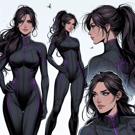 basic11 Illustration of a heroine in a sleek black suit with purple accents, standing confidently with different poses. | Sky Rye Design Cool Character Concept Art, Superhero Oc Ideas, Superhero Female Oc, Suit With Purple Accents, Superhero Female Character Design, Female Oc Ideas Character Design Inspiration, Superhero Art Oc, Superhero Oc Female, Female Superhero Oc