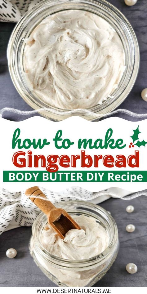 How to make homemade whipped Gingerbread Body Butter. This makes a great DIY Gift for Christmas and the holidays. This DIY Body Butter recipe is a natural homemade skin care product and perfect for your winter skincare routine during the Christmas season. Make this all natural DIY Gift with shea butter, coconut oil, and gingerbread essential oils.  Homemade body butter is the perfect way to indulge in a little self care & moisturize your dry skin during the winter months. Gingerbread Butter, Diy Body Butter Recipes, Room Spray Recipe, Butter Homemade, Body Butter Recipe, Diy Gingerbread, How To Make Gingerbread, Homemade Body Butter, Diy Essential Oil Recipes