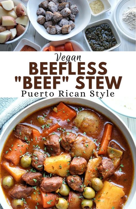 Using Gardein Beefless Tips, we're firing up the stove to make a hearty pot of Beefless "Beef" Stew - Puerto Rican style! Loaded with potatoes, carrots and Puerto Rican flavors. #stew #veganstew #fallrecipe #comfortfood #platbased #vegetarian #meatlessmonday One Pot Vegetarian Stew, Gardein Beefless Tips Recipes, Gardein Meatless Recipes, Meatless Beef Stew, Vegetarian Stew Recipes, Meatless Stew, Vegetarian Beef Stew, Beefless Stew, Vegan Beef Stew