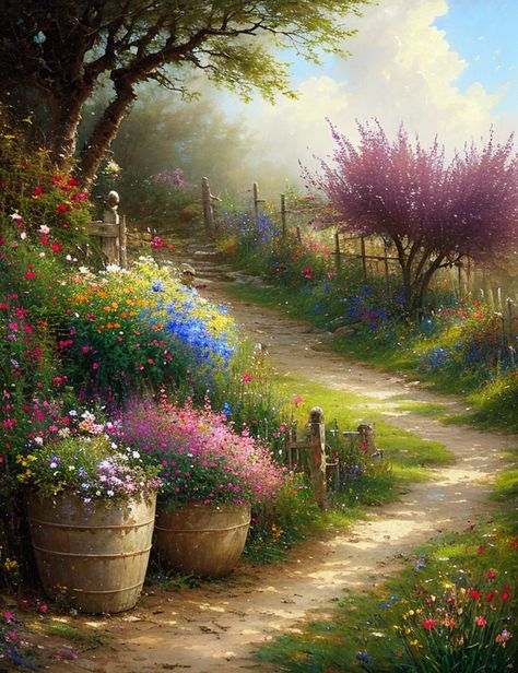 Beautiful Landscape Paintings, Beautiful Flower Drawings, Dream Pictures, Landscape Art Painting, Flower Landscape, Painting Art Lesson, Garden Painting, Painting Lessons, Painting Art Projects