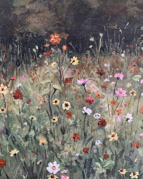 Monique Fedor on Instagram: "A little meadow of wildflowers ✨ This small painting is based off a gorgeous photograph by @nicpfr 🙌🏼 it’s like a real life version of the flower scene from alice in wonderland 🤤 A movie that’ll always be special to me. What are some childhood movies you hold dear ?? - acrylic on handmade paper by @feathersandstone" Wildflower Field Painting, Golden Afternoon, Wildflower Paintings, Arte Peculiar, Vintage Florals, Acrylic Painting Flowers, Day Dreaming, Floral Oil Paintings, Flower Art Images