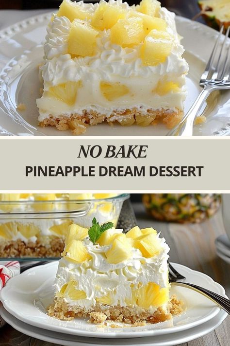 NO BAKE PINEAPPLE DREAM DESSERT No Bake Pineapple Cream Dessert Recipe, No Bake Yum Yum Dessert, No Bake Pineapple Dream Dessert Recipe, No Bake Lush Desserts, No Bake Pineapple Coconut Bars, Summer Time Desserts No Bake, No-bake Pineapple Heaven Cheesecake Dessert, Pineapple Delight Dessert No Bake, Luau Theme Desserts