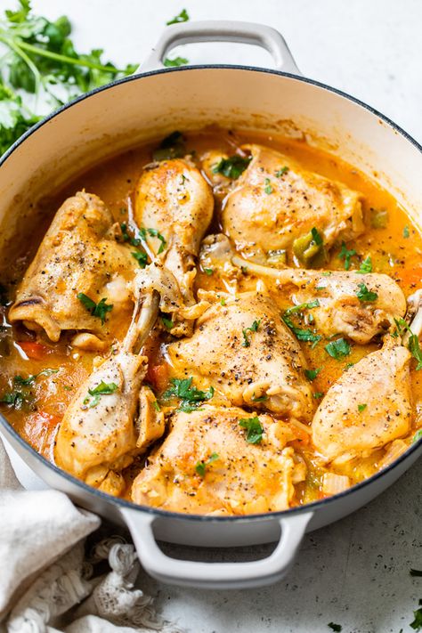 Paprika Chicken Stew is an easy weeknight dish made with chicken pieces on the bone, bell peppers, and lots of Hungarian paprika. #paprika #chicken #dinner #stew Bone In Chicken Stew, Paprika Chicken Stew, Hungarian Paprika Chicken, Chicken Stew Recipe, Stewed Chicken, Hungarian Paprika, Chicken Paprikash, Stew Chicken Recipe, Paprika Chicken