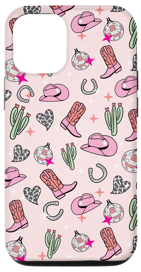 PRICES MAY VARY. Adorable Aesthetic Western Pattern in pastel pink, green, black and gray, with disco ball, horse shoe, cactus, stars, cowboy hat, cowboy boots, cosmic disco cowgirl style! Two-part protective case made from a premium scratch-resistant polycarbonate shell and shock absorbent TPU liner protects against drops Printed in the USA Easy installation Cosmic Disco, Country Phone Cases, Fun Wallpapers, Adorable Aesthetic, Aesthetic Western, Western Pattern, Ball Pattern, Disco Cowgirl, Book Fanart