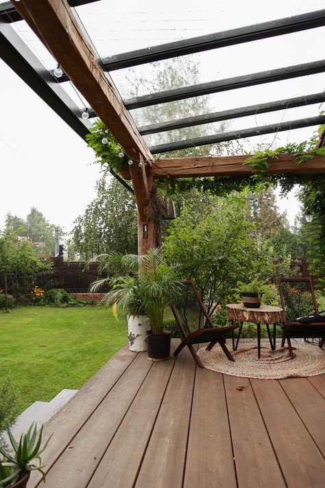 Wooden terrace in summer. A perfect northern terrace, but this year we needed additional sun protection. The terrace is made of larch boards, the poles are made of very old wood. The roof is glass. I love relaxing there, reading books, meeting friends and practicing yoga. Laundry dries well on it as well :) Wooden Pergola With Glass Roof, Terrace Glass Roof, Wooden Terrace Ideas, Open Terrace Ideas, Glass Terrace, Terrace Cover, Wood Terrace, Veranda Ideas, Terrace Roof