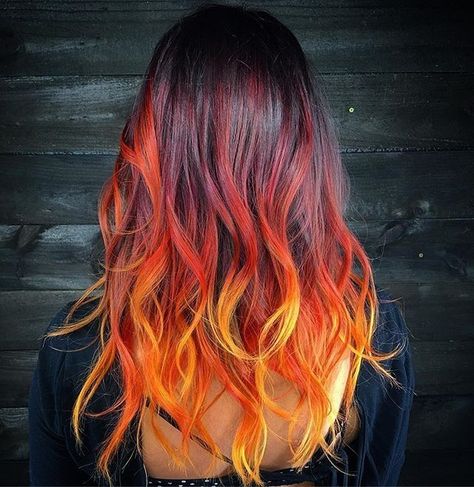 Fire Ombre Hair, Fire Hair Color, Unique Hair Color Ideas, Unique Hair Color, Hair Color Ideas For Winter, Flame Hair, Dyed Hair Ombre, Sunset Hair, Red Ombre Hair