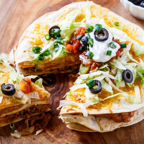 Stacked Tortilla Taco Pizzas Taco Stacks, Tortilla Taco, Sweet Taco, Spicy Southern Kitchen, Taco Pie, Tortilla Pizza, Mexican Pizza, Taco Pizza, Southern Kitchen