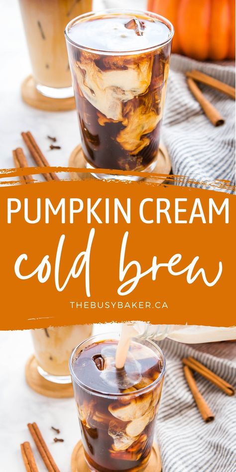 This Starbucks Pumpkin Cream Cold Brew is the perfect pumpkin spice iced coffee drink - easy-to-make cold brew coffee sweetened with a simple pumpkin cream made in a mason jar! Skip the coffee shop and make your favourite Pumpkin Cream Cold Brew at home! Recipe from thebusybaker.ca! #pumpkincreamcoldbrew #pumpkinspicelatte #pumpkinspice #pumpkin #fall #easytomake #coffee #homemade #starbucks #copycat via @busybakerblog Yummy Coffee Drinks At Home, Fall Iced Coffee Recipe, Pumpkin Iced Coffee Recipe, Pumpkin Spice Iced Coffee, Starbucks Pumpkin Cream Cold Brew, Fall Coffee Drinks, Coffee Homemade, Homemade Starbucks, Pumpkin Cream Cold Brew