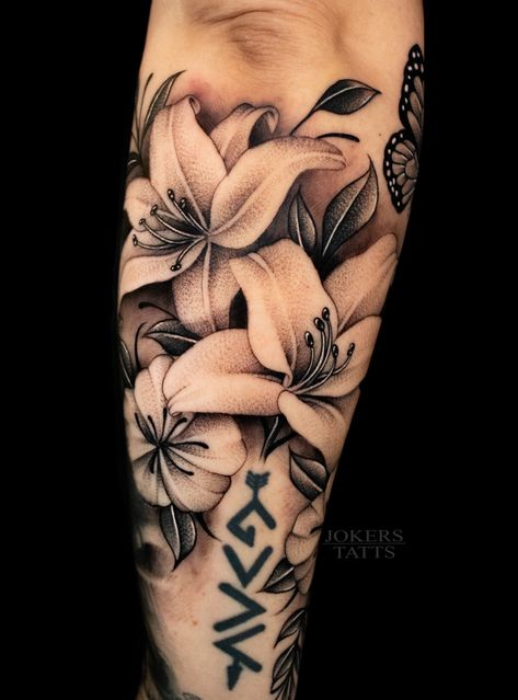 Check me out on Instagram! @jokerstatts432 Lilly Tattoo For Men, Lily Tattoo Men, Realism Floral Tattoo, Matching Bff Tattoos, Lillies Tattoo, X Tattoo, Lion Tattoo Sleeves, Faith Tattoo, Taurus Tattoos