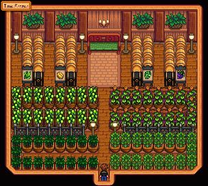 Stardew Valley Vineyard, Shed Stardew Valley Ideas, Sdv Shed Design, Stardew Shed Ideas, Stardew Valley Storage Shed Layout, Stardew Shed Designs, Shed Design Stardew Valley, Shed Layout Stardew Valley, Stardew Garden