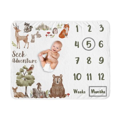 Watercolor Woodland Forest Animals Collection Sweet Jojo Designs 3 Piece Milestone Baby Blankets offer the perfect prop to help you capture monthly growth achievements. Each blanket features the numbers 1-12 and two soft frames that you can easily place over the numbers to correspond with your little one’s age in months and weeks. They make an adorable backdrop for all your baby’s photos as you celebrate each month of their first year or use as a security blanket, nursery receiving swaddle, tumm Woodland Baby Nursery, Baby Boy Nursery Woodland, Woodland Forest Animals, Baby Changing Pad Cover, Watercolor Woodland, Baby Changing Pad, Baby Monthly Milestones, Nursery Room Design, Baby Boy Room Nursery