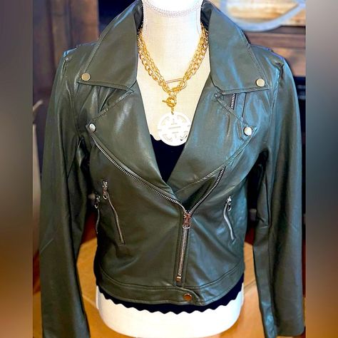 Brand New Without Tags True To Size Green Leather Jacket, Green Leather Jackets, Leather Moto, Leather Moto Jacket, Moto Jacket, Green Leather, Leather Jackets, Dark Green, Vegan Leather