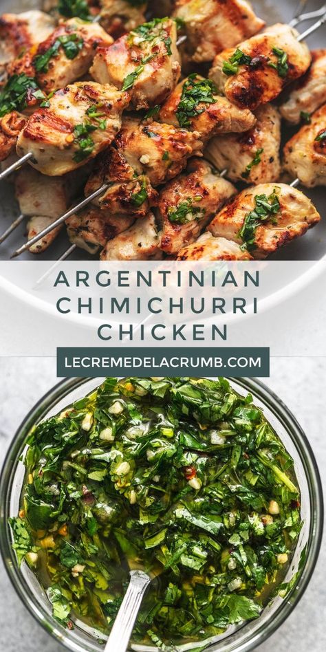 Easy and healthy Argentinian Chimichurri Chicken Recipe is a quick, simple and tasty family-friendly meal with tender chicken and zesty chimichurri sauce. Chicken Breast Grill, Argentinian Chimichurri, Marinated Chicken Breast, Chimichurri Chicken, Chuck Steak, Chicken Skewers, Chicken Dishes Recipes, Recipes Chicken, Marinated Chicken