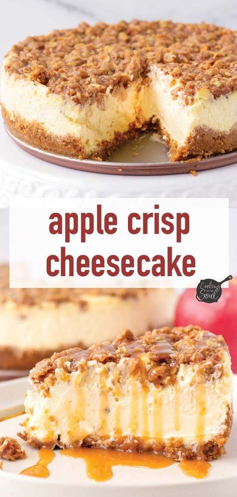 Apple Crisp Cheesecake Bread Recipe, East Fall Recipes, Halloween Apple Crisp, Keto Apple Cheesecake, Cream Cheese Apple Crisp, Apple Cheesecake Bread, No Bake Apple Crisp Cheesecake, Apple Cheesecake Crumble, Fall Flavor Cheesecake