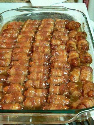 BACON WRAPPED SMOKIES WITH BROWN SUGAR AND BUTTER recipe - from the The Kleber Family Cookbook Project Family Cookbook Wrapped Smokies, Favorite Party Appetizers, Breakfast Potluck, Bacon Wrapped Smokies, Brown Sugar Bacon, Bacon Appetizers, Appetizers For A Crowd, Coffee Cakes, Football Food