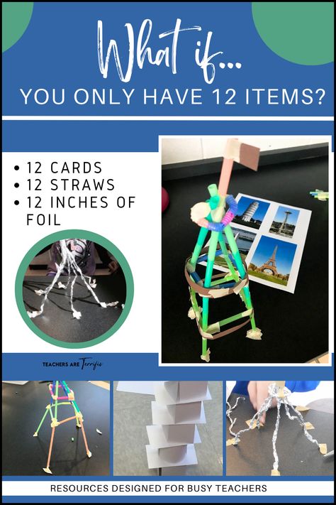 STEM Challenge- students use a main building materials in a quantity of only 12. Twelve straws, or 12 cards, or 12 inches of foil. They must build the tallest tower possible. Index Card Tower Challenge, Easy Stem Activities Elementary, Straw Activities, Makerspace Elementary, Thanksgiving Stem, Easy Stem, Art Docent, Steam Challenges, Steam Ideas