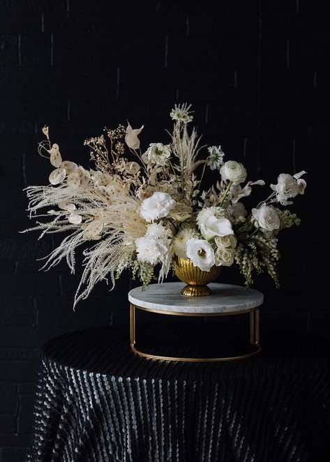 New Years Eve Flower Arrangements, Art Deco Wedding Florals, Nye Floral Arrangements, Gatsby Flower Arrangements, New Years Eve Flowers, New Year’s Eve Flowers, Great Gatsby Wedding Flowers, Nye Wedding Decorations, New Years Floral Arrangements