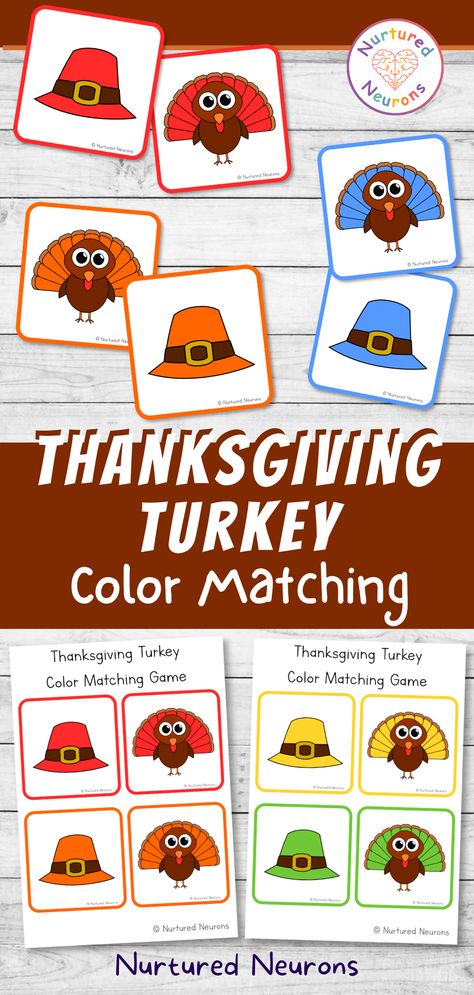 Here's a cute Thanksgiving color matching game to help develop those color recognition skills and learn the color names - great for toddlers and preschoolers! It's super simple to prepare - just print off and cut out the cards. Grab this colorful turkey activity over at Nurtured Neurons! #colormatching #toddlergames #preschoolprintables #toddleractivities #toddlerlearning #turkeys #Thanksgivingactivities #Thanksgiving #toddlergames #toddlerdiy November Montessori Activities Toddler, Thanksgiving Themed Activities For Preschool, Thanksgiving Small Group Activities Preschool, Turkey Color Matching, Giving Thanks Lesson Plans Preschool, 10 Little Turkeys, Preschool Thanksgiving Literacy Activities, November Art Activities For Toddlers, Turkey Stem Activities Preschool