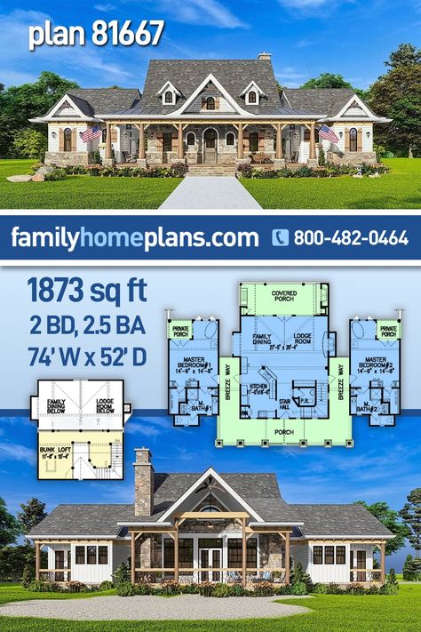 Vacation House Plan With Two Master Suites House Plan Two Master Suites, Dual Master Suite House Plans, 5 Bedroom House Floor Plan, Stone Skirting, Cedar Shingle, Two Master Suites, Cabin Plan, Vacation House Plans, Floor Plans 2 Story