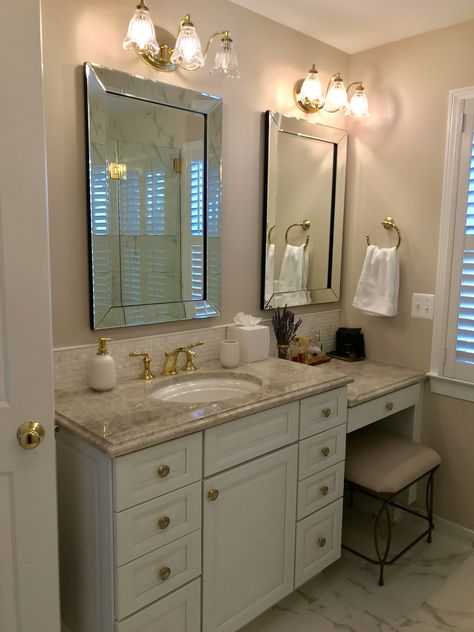 Small Bathroom With Sit Down Vanity, Makeup Vanity Ideas Bathroom Farmhouse, Bathroom Vanity With Drop Down Makeup Area, Bathroom Vanity In Bedroom, Restroom With Vanity, Small Bathroom With Vanity Area, Bathroom Sink And Makeup Vanity Combo, Seated Vanity In Bathroom Master Bath, Small Bathroom With Vanity