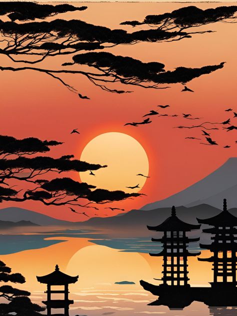 Decorative painting of Japanese sunset landscape to print and decorate the walls of your home made with artificial intelligence in jpg format. Japanese Sunset Painting, Japanese Painting Landscape, Japanese Landscape Painting, Building Murals, Japanese Sunset, Canvas Art Painting Acrylic, Japanese Nature, Garden Mural, Japan Painting