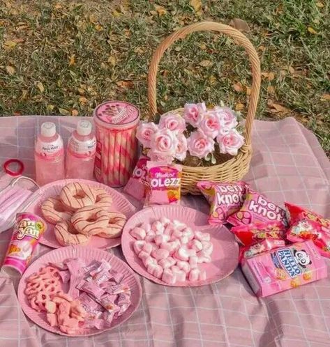 Pink Themed Picnic, Pink Picnic Birthday, Pink Snacks Aesthetic, Pink Picnic Food Ideas, Pink Picnic Food, Preppy Picnic Birthday Party, Picnic Girls Party, Pink Picnic Birthday Party, Spring Picnic Party