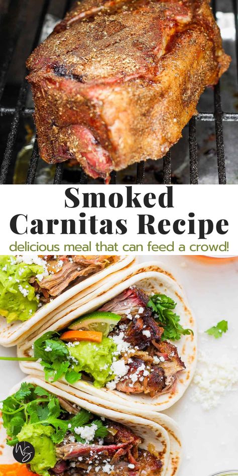 Smoked Carnitas - an amazing recipe for cooking the perfect smoked carnitas, low and slow all day! First it is smoked and then beer braised to make the most tender meat that just falls apart. Add all your favorite toppings for a delicious meal that can feed a crowd! Carnitas Smoker Recipe, Smoked Meat Ideas Smoker Recipes, Traeger Carnitas, Best Smoked Meat Recipes, Pork Loin Roast Smoker Recipes, Smoker Recipes For A Crowd, Smoked Taco Meat, Smoked Beef Recipes, Smoked Pork Buttons Recipe