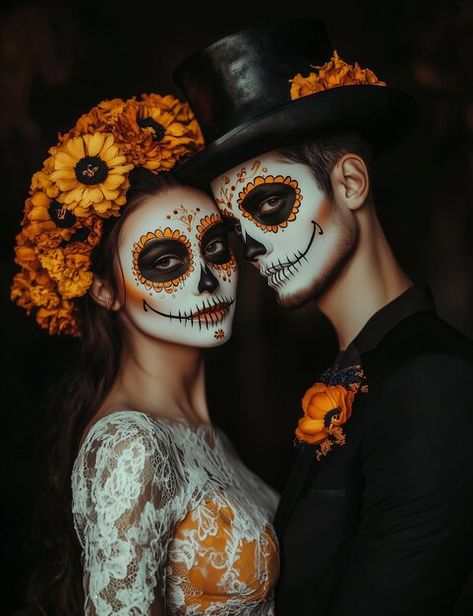 Day Of The Dead Couple Makeup, Couples Day Of The Dead Makeup, Day Of The Dead Makeup Couples, Dia De Los Muertos Family Costume Ideas, Male Day Of The Dead Makeup, Day Of The Dead Makeup For Men, Halloween Couple Makeup Ideas, Dia De Muertos Costume Ideas, Dia De Los Muertos Photo Shoot Ideas